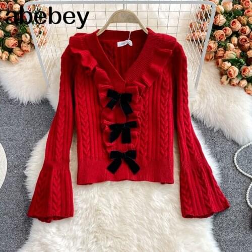 2021 New Spring Autumn Korean versatile V-neck flare sleeve knitted Pullover bow Ruffles decoration short Sweater Top