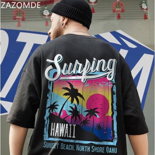 ZAZOMDE Cotton Print T Shirt Men Fashion Hip Hop T Shirt Streetwear Letter Summer Tops Tee Men O Neck Couple Top Coconut Tree