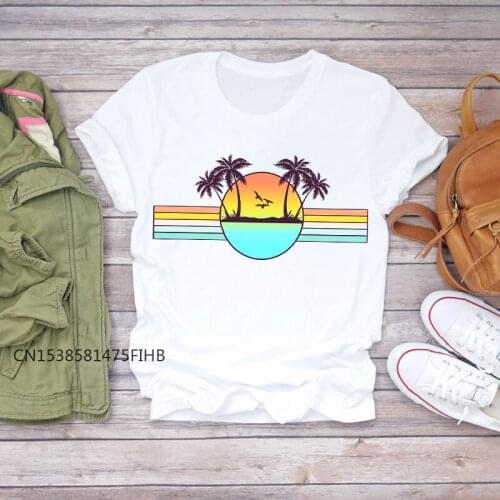 Women Floral Striped Cute Beach Flower Fashion Cute Summer Shirt Ladies Womens T-Shirts Premium Top T Graphic Female Tee T-Shirt