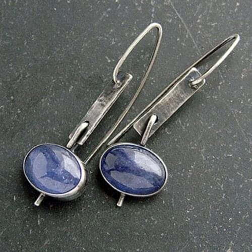 Original Dangle Long Earring For Women Natural Lapis Lazuli Jades Chalcedony Round Oval Stone Eardrop