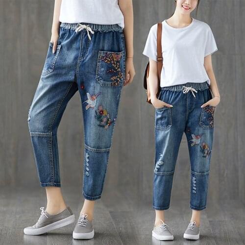 Art Pocket Embroidery Floral Bird Jeans Women Autumn Harem Trousers Elastic Waist Drawstring Hole Ripped Denim Pants For Women
