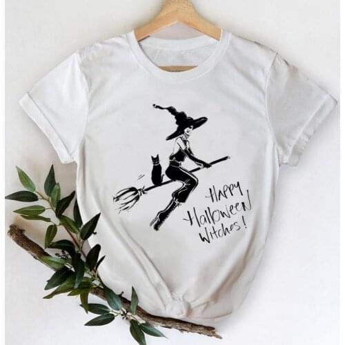 Female Tees Top Print T-Shirt Clothing Women Witch Lovely Style New Autumn Fall Thanksgiving Halloween Graphic Tshirt T
