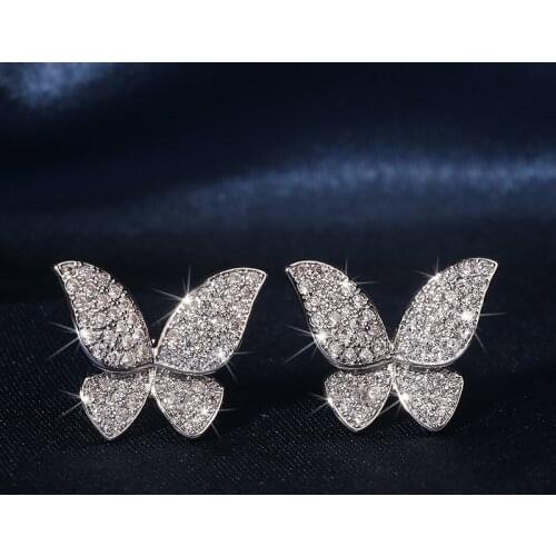 QTT Excellent Butterfly Earrings Real 925 Silver White Stud Earring For Women Wedding Fine Jewelry Accessories Anniversary Gift
