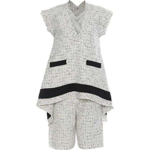 Womens New Luxury Runway Sleeveless Irregular Pocket Top + Elastic Waist Shorts Contrast Color Stitching Two-Piece Vest