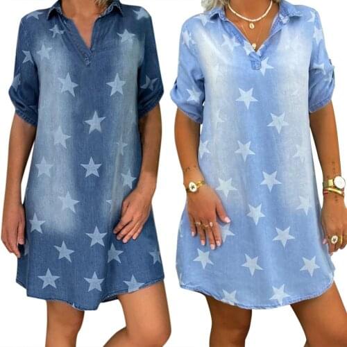 Women Fashion Short Sleeve Stars Print Irregular Hem Knee-length Denim Dress v collar Pullover short sleeve denim dress
