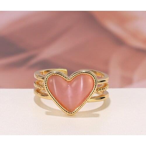 ShinyGem Fashion Carving Heart-shaped Pink Opals Ring Charm Adjustable Gold Plating Cat Eye Stone Rings For Women Gift 12*15mm