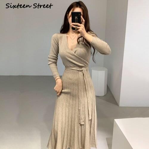 Dresses for Women Winter Autumn V Neck Bandage High Waist Long Sleeve Knitted Dress Korean Fashion Clothing Vestido De Mujer