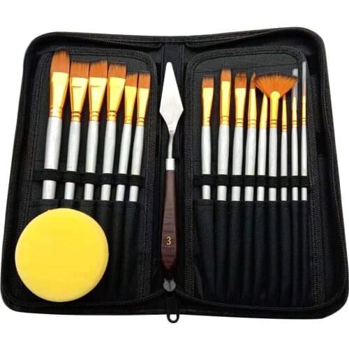 17 pcs Artist Long Handle Synthetic Paint Brush Set Multi Functional Paint Brush Kit with Paint Scraper Sponge painting supplies