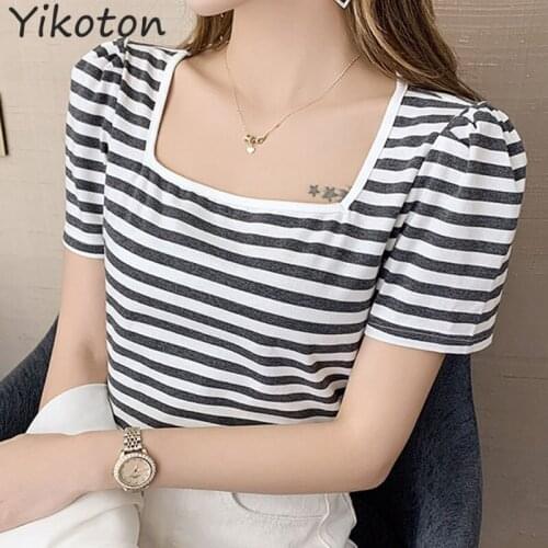 2021 New Summer Clothes for Women Casual Clothing Puff Sleeve Square Collar Stripe T-shirts for Girls Basic Tops Sexy Female