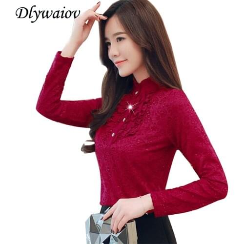 2021 Autumn Korean Lace Long Sleeve Shirt Women Tops Elegant Ruffled Button Lace Blouse Winter Plus Size Female Clothing