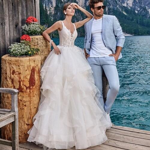 Jiayigong 2020 Ruffles Tulle Ball Gown Wedding Dress V Neck Top Illusion Lace Appliques Bridal Dresses Princess