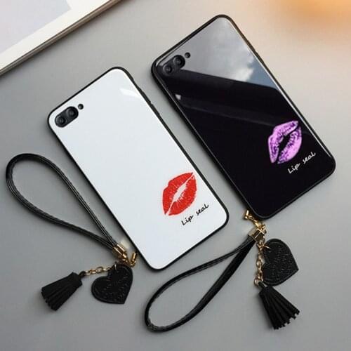 BONVAN For iPhone X XR XS Max 7 Tempered Glass hard Case Lip print Tassel lanyard Cover For iPhone 6 6S 7 8 Plus phone Cases