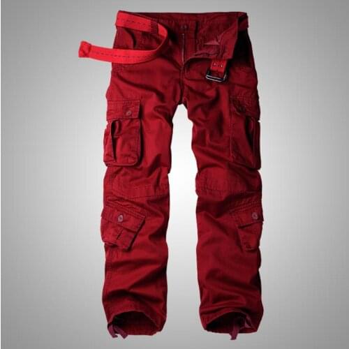 Baggy Cargo Pant Mens Loose Straight red cotton overalls pants Multi-pocket Joggers Trousers Male Bottoms Men Autumn Winter