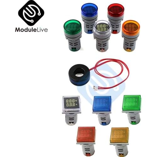 22MM 1-100A AC 50-500V 20-75Hz Digital Voltmeter Ammeter Voltage Current Frequency Meter Detector Test Round Square Tester 220V