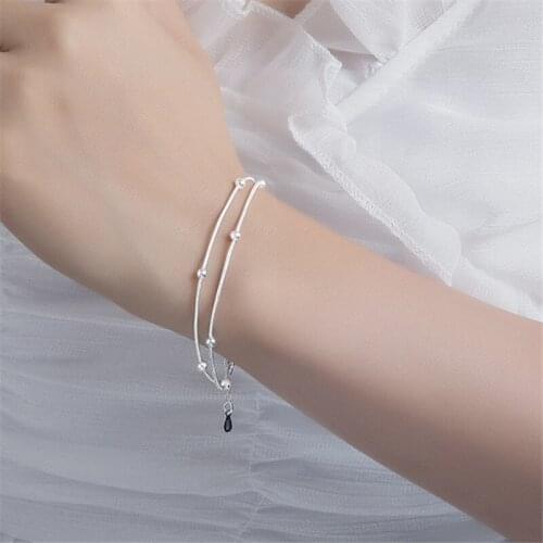 925 Sterling Silver Double Layer Round Bead Charm Bracelet &Bangle For Women Girls Party Wedding Jewelry A178