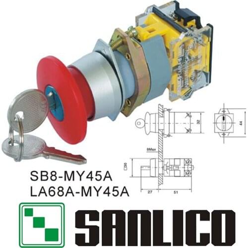 Emergency stop mushroom head key lock push button switch SB8(LA68A LAY39)-MY45A latching key release
