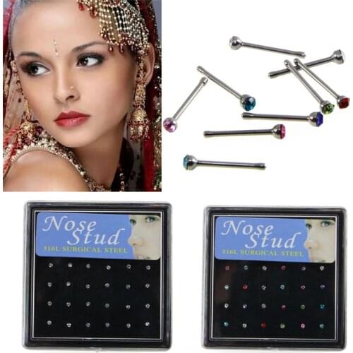 24 Pcs Crystal Rhinestone Stainless Steel Nose Ring Body Piercing Bone Stud Jewelry Piercing Ring Body Jewelry
