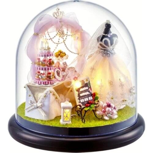 DIY Handmade Mini Spring Flowers Doll House White Wedding Dress Wooden Miniature Glass Ball Dollhouse Home Assembling Decoration
