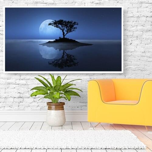 Home Decoration poster Wall Art Modular Pictures Canvas 1 Pieces Abstract Tree Blue Moon Night Scene landscape Painting HD Print