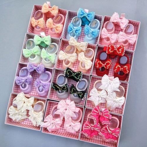 2Pcs/Lot Cute Baby Girl Headband Socks Set Princess Lace Bow Elastic Headbands NewBorn Baby Shower Gift Baby Hair Accessories