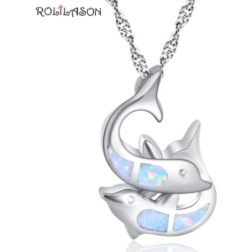 ROLILASON simple fish shape silver color bronzing white opal necklace pendant classic business gift OP833