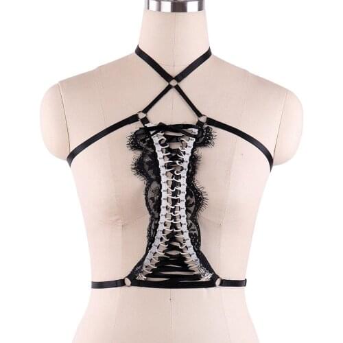 Sexy Black Lace Rave Body Harness Frenum Bra Harness Cage Elastic Bondage Harness Punk Lace Lingerie Harajuku Goth Fetish Cage