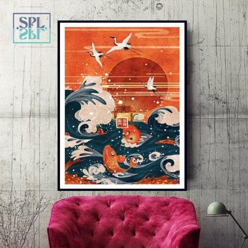 SPLSPL Retro Chinese Picture Crane Animals Wall Art Canvas Prints Paintings for Home Decoration No Frame bedroom ornamentation