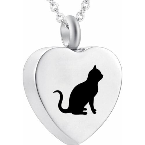 Pet Cremation Jewelry Stainless Steel Pendant Necklace Urn for Ashes Black Cat on Heart Kitty Kitten Keepsake Jewellery