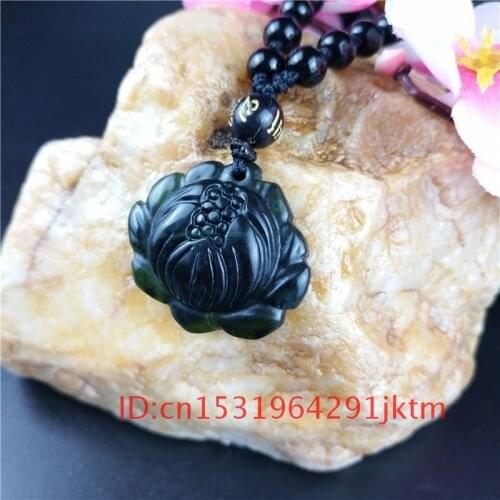 Green Jade Natural Men Jewelry Carved for Flower Chinese Lotus Pendant Obsidian Amulet Accessories Black Necklace Charm Gifts