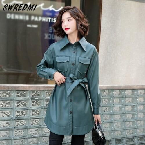 SWREDMI Spring Windbreaker Women Autumn Women PU Faux Leather Jacket Shirt Collar Single Breasted Coat Long Trench With Belt