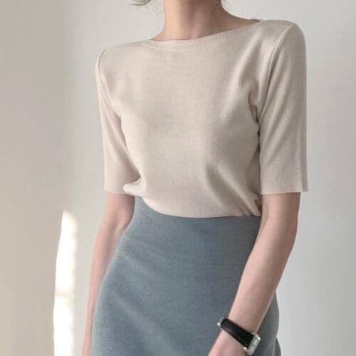 2021 Sweet Elegant Temperament O Neck T Shirt Spring Summer All Match Solid Pullover Korean Fashion Simple Knit Woman TShirts