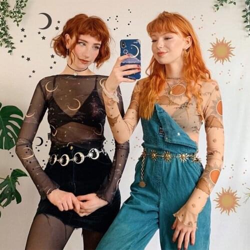 Womens Sexy Perspective Mesh Blouse Fashion Moon Sun Printed See Through Round Neck Long Sleeve Tops Fashion Sexy Blouse