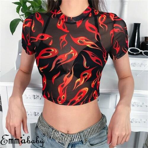 2020 Summer Fashion New Hot Casual Women Transparent Sheer Mesh Flame Print Short Sleeve See-through Crop Top T-Shirt