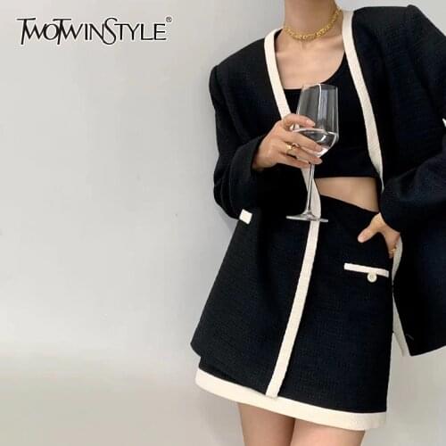 TWOTWINSTYLE Colorblock Two Piece Sets For Female V Neck Long Sleeve Coat With High Waist Skirt Womens Casual Suits Fashion New
