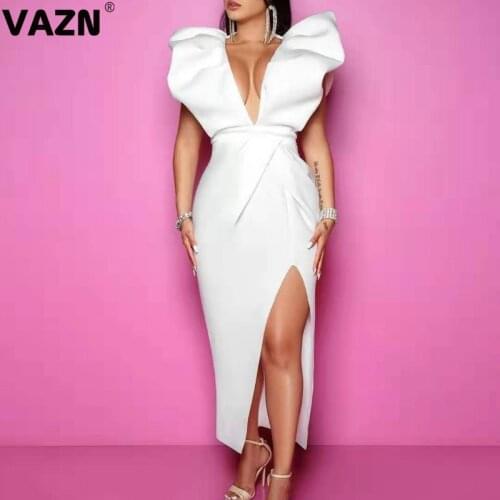 VAZN New Backless Upmarket High Quality Fresh Clear White Sexy Club Fashion Deep V-Neck Short Sleeve Women Thin Maxi Dress