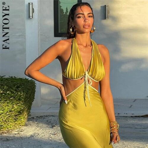 Fantoye Sexy Deep V-neck Halter Women Dress Pink Sleeveless Hollow Out Zipper Dress Ladies Summer Skinny Party Clubwear Vestidos