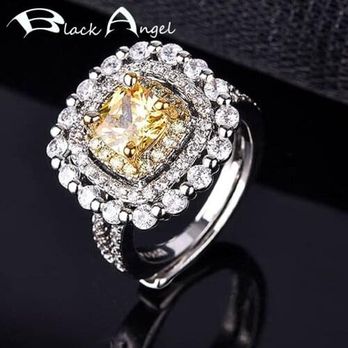BLACK ANGEL 925 Sterling Silver Inset Luxury Citrine CZ Gemstone Adjustable Rings for Women Wedding Jewelry Christmas Gift