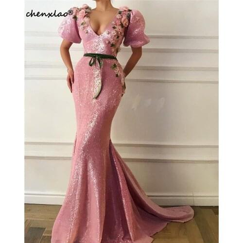 Muslim Pink Mermaid Evening Dress 3D Flower V-Neck Short Sleeves Belt Long Evening Dresses Formal Gowns Vestido De Festa Longo