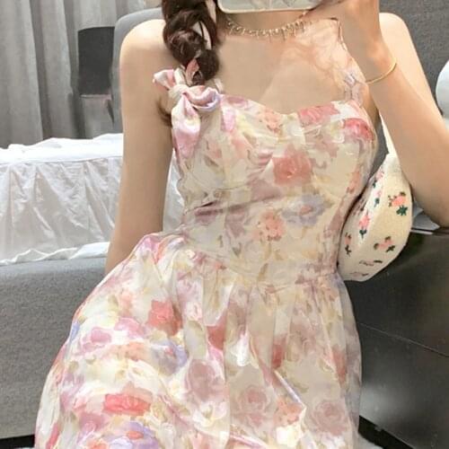 Korean Style French Vintage Summer Dresses Women Casual 2021 Summer Mini Floral Elegant Strap Dress Females Design Sleeveless