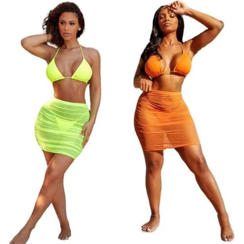 ZKYZWX Mesh Sheer 3 Piece Swimsuit Halter Crop Top Bodycon Mini Dresses Summer Covers Up for Women Beachwear Sexy Matching Sets