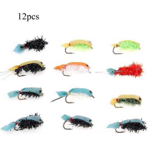 12pcs Colorful Insect Fly Files Fishing Lure Artificial Shrimps Fishing Bait Single Hooks Carp Fish Lure
