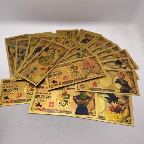31 Designs Japanese Anime Dragon Cartoon DBZ 10000 Yen Gold plastic Banknote Set for classic childhood memory Collection