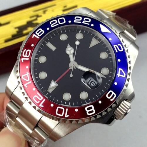 40mm Black Sterile Dial GMT Sapphire Glass Date Luminous Glass Case Back Automatic Movement Mens Watch