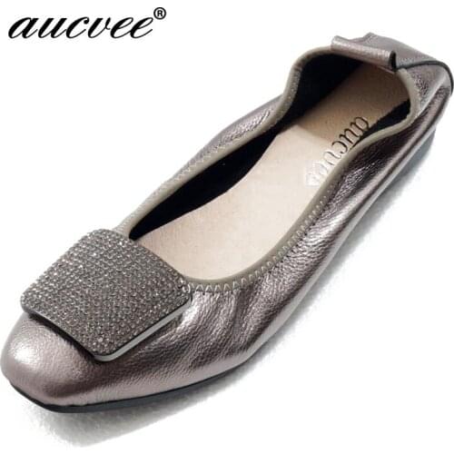 Aucvee Genuine Leather Ballet Flats Women Shoes Brand Ballet Soft Heel Ballerina Rhinestone Lady Loafers F006