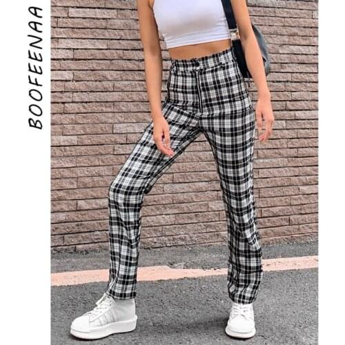 BOOFEENAA Black and White Plaid Vintage High Waist Straight Pants Women Harajuku Streetwear Bottoms Casual Trousers C68-AE87