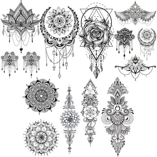 Black Mandala Henna Temporary Tattoo For Women Fake Jewelry Tattoos Sticker Owl Flower Geometric India Lace Tatoo Chest Pendants