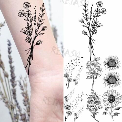 Black Daisy Bouquet Temporary Tattoos For Women Adult Sunflower Dandelion Realistic Flower Fake Tattoo Wrist Feet Washable Tatoo