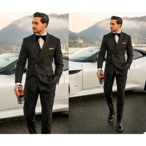 Costume Homme Black Peak Lapel Double Breasted Men Suits Wedding Tuxedos Terno Masculino Groom Prom Blazer 2 Pcs Jacket+Pant