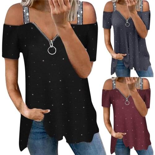 Summer Sexy V-neck Zipper Off Shoulder Tops Sequin Strappy T-shirt Casual Women Shirt Vintage Short Sleeve Pullover Tshirt
