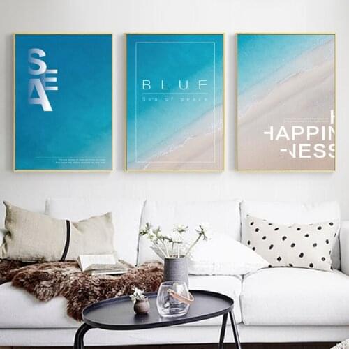 Minimalism Blue Sky White Clouds Sea Letter Canvas Painting Poster Wall Art Seascape Painting Poster Living Room Bedroom Home De